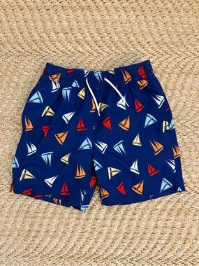 Navy Sailboat Print Swim Trunks
